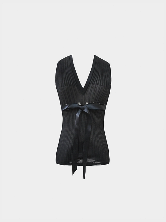 Chanel 2000s Black Ribbon Vest Top