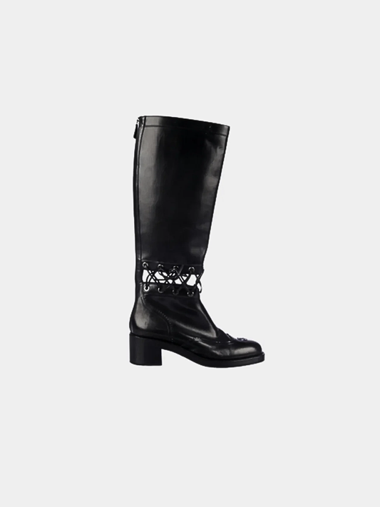 Chanel FW 2016 Black Lace-Up Cutout CC Knee High Boots