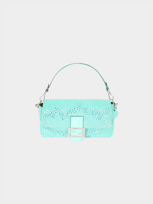 Fendi 2022 Turquoise Rolling Stone Vitello Seta Bead Embroidered Re-Edition Baguette