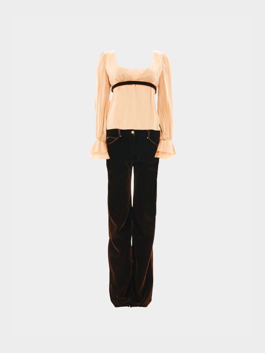 Valentino 2000s Cream Silk Top and Velvet Brown Trousers Set