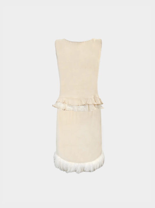 Gucci SS 1999 Runway Beige Silk Feathers Trim Two Piece Set