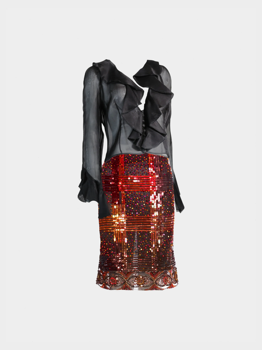 Valentino 2000s Black Sheer Ruffle Top and Beaded Skirt Set
