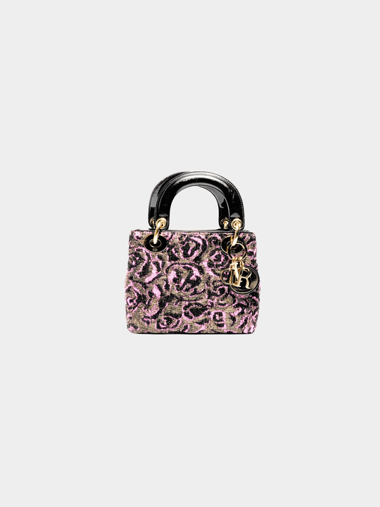 Christian Dior 2011 Pink and Black Wool Lady Dior Bag