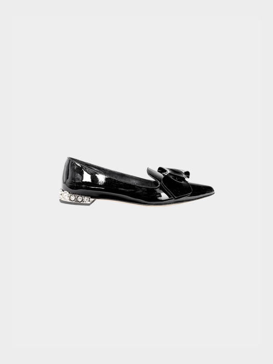 Miu Miu 2010s Black Patent Jewel-Heel Bow Pointed-Toe Flats