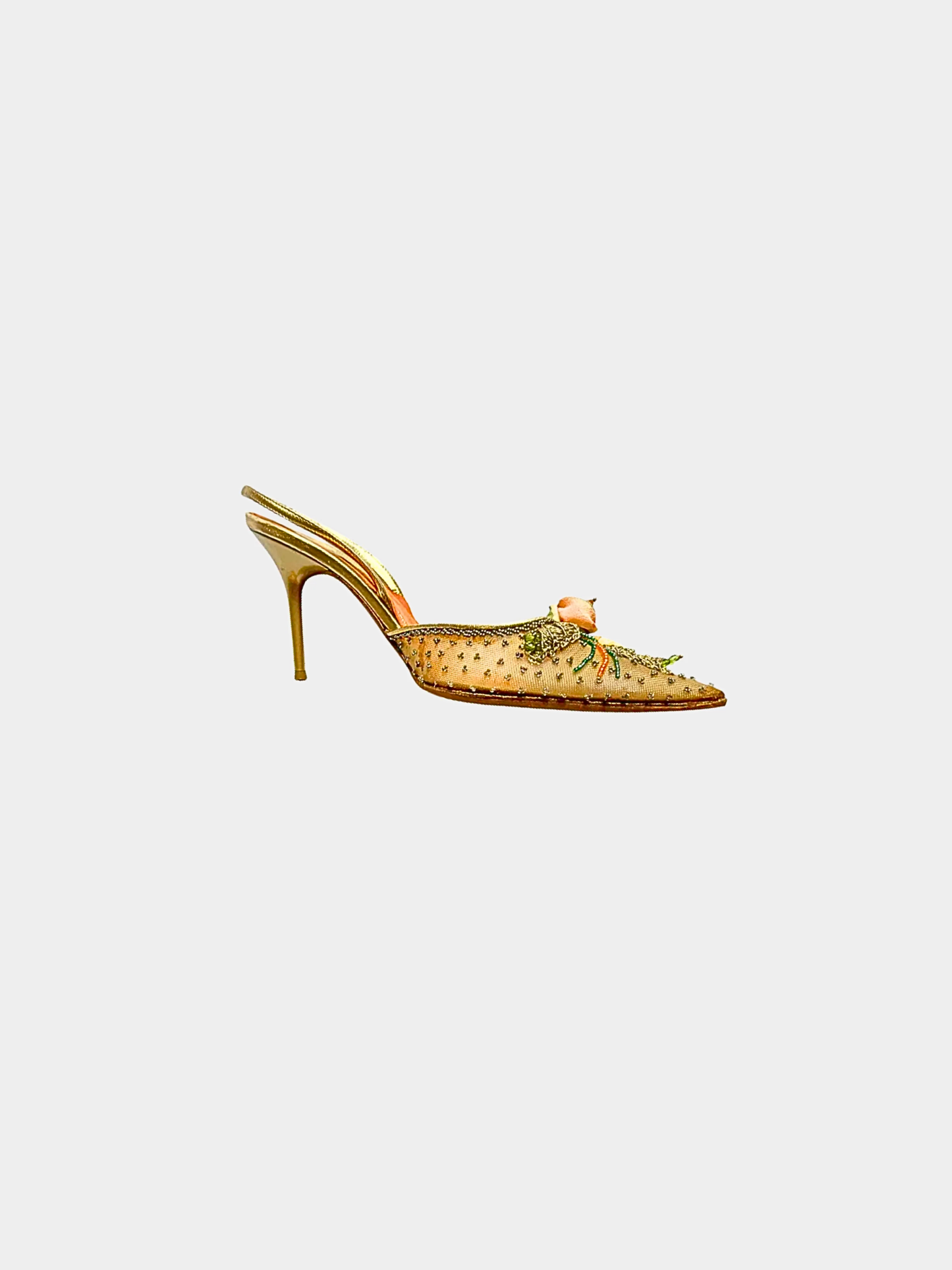 René Caovilla 2000s Beige Floral Beaded Slingback Heels