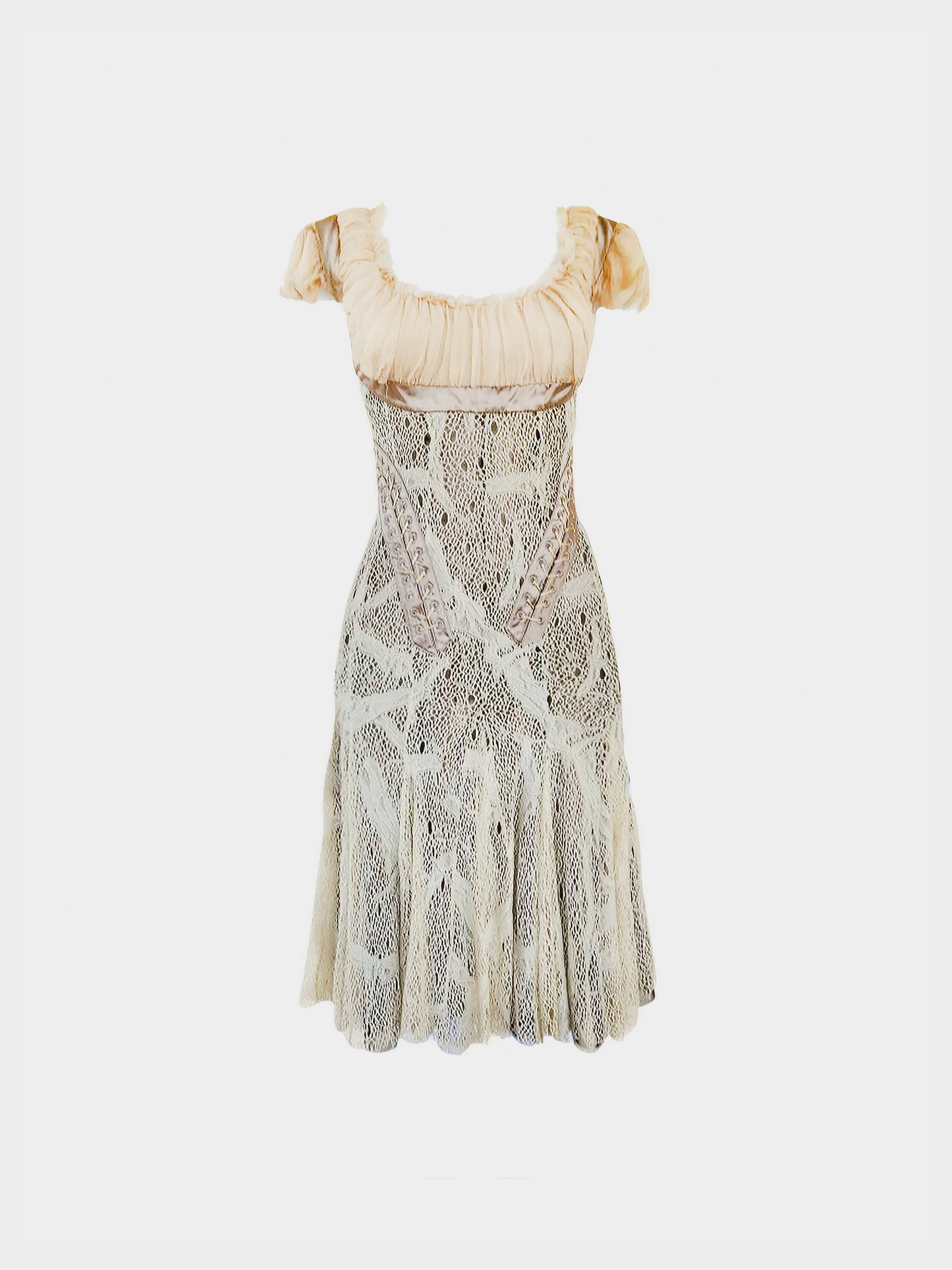 Alexander McQueen FW 2002 Runway Beige Lace Bondage Corset Midi Dress
