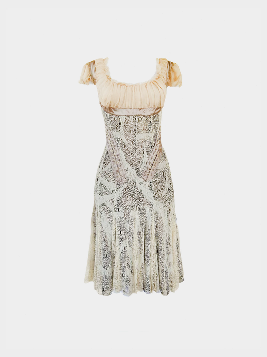 Alexander McQueen FW 2002 Runway Beige Lace Bondage Corset Midi Dress