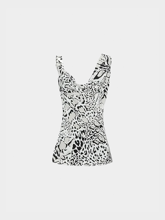 Roberto Cavalli 2000s Grey Animalier Asymmetric Silk Open Back Tank Top