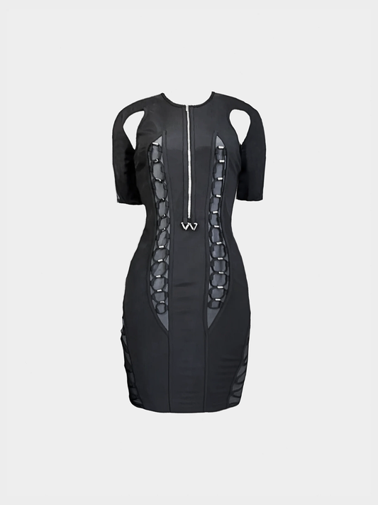 Gucci SS 2010 Black and Grey Silk-Blend Cut-Out Lace-Up Futuristic Mini Dress