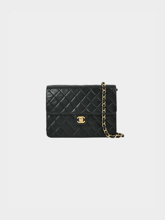Chanel 1990s Black Single Flap Small Lambskin Leather Chain Shoulder Bag