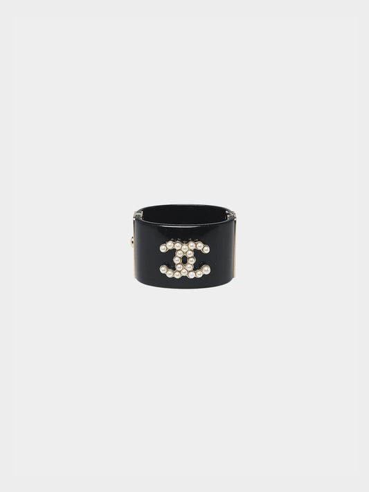 Chanel 2015 Black Resin and Faux Pearl CC Cuff Bracelet