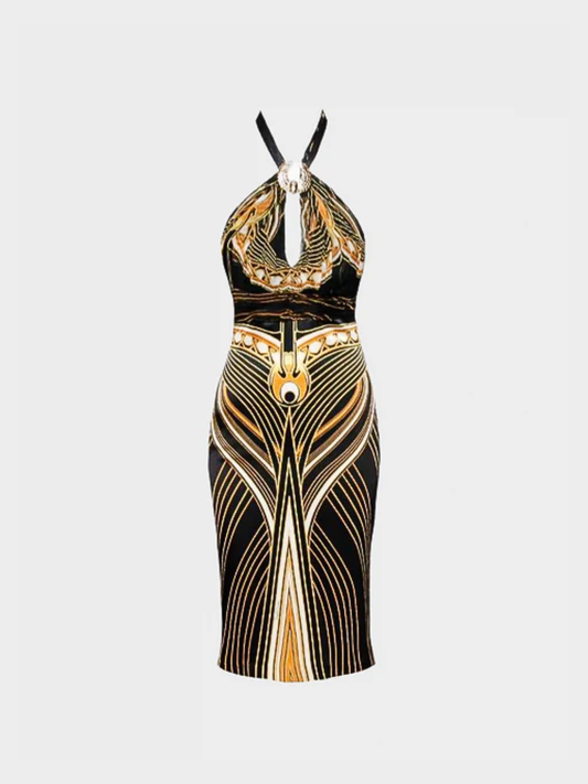 Roberto Cavalli SS 2007 Black and Gold Egyptian Silk Midi Dress