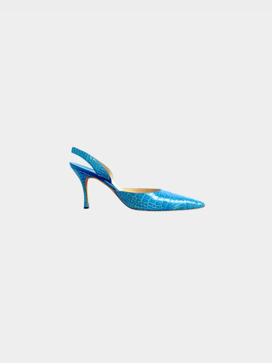 Manolo Blahnik 2000s Blue Croc Slingback Heels