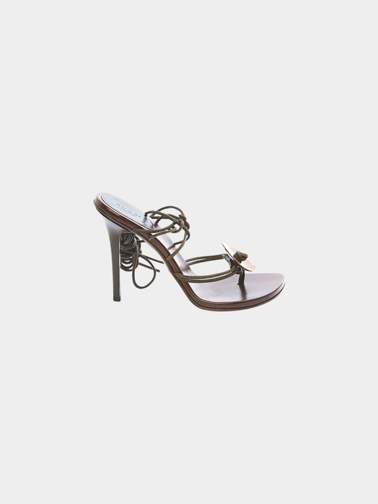 Gucci 2000s Brown Wood Tone Wrap Around Sandals