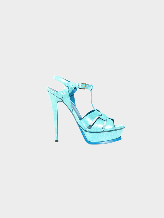 Yves Saint Laurent 2012 Tribute 105 Azur Paille Patent Platform Sandals