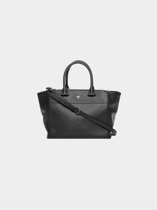 Prada 2010s Black Hand Stitched Calfskin Leather Tote