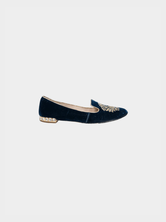 Miu Miu Pre-Fall 2012 Navy Embroidered Crystal-Heel Loafers