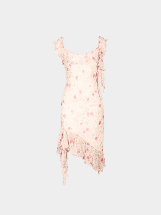 Christian Dior SS 1999 Pink Roses Print Silk Off Shoulder Bias-Cut Dress
