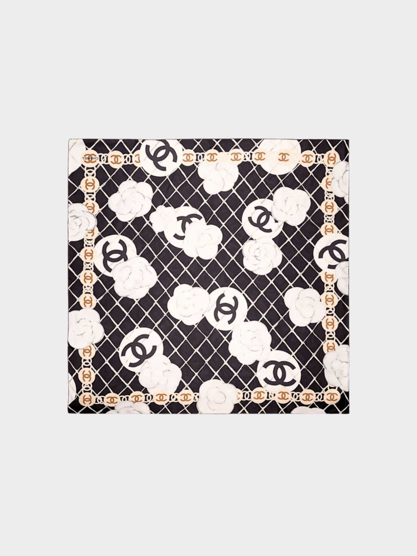 Chanel 2000s Black Camellia Silk Scarf