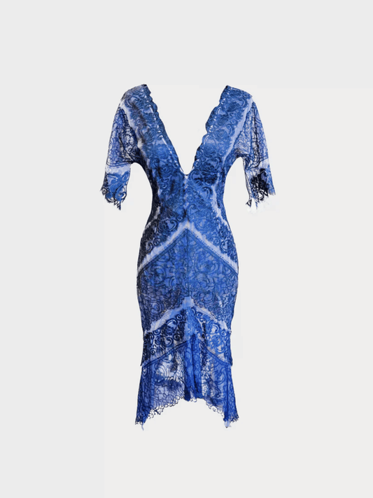 Blumarine 2000s Purple Lace V-Neck Midi Dress