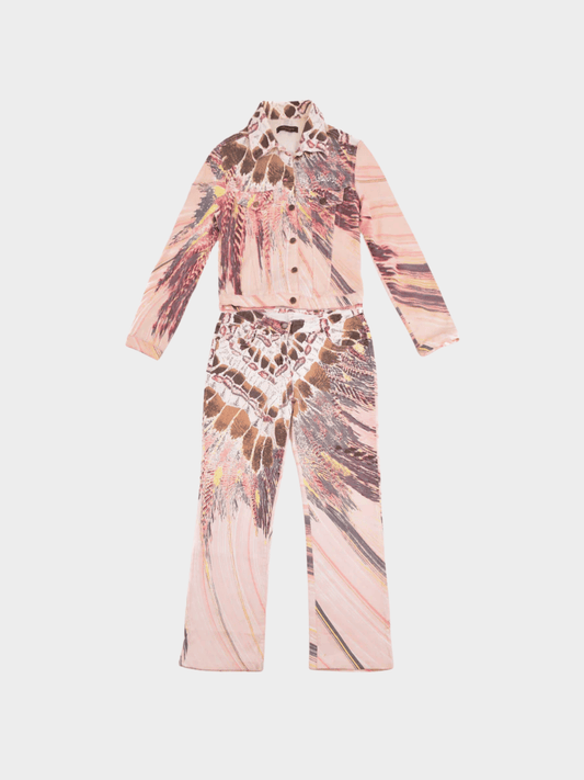 Roberto Cavalli SS 2004 Pink Graphic Printed Jacket and Jeans Set