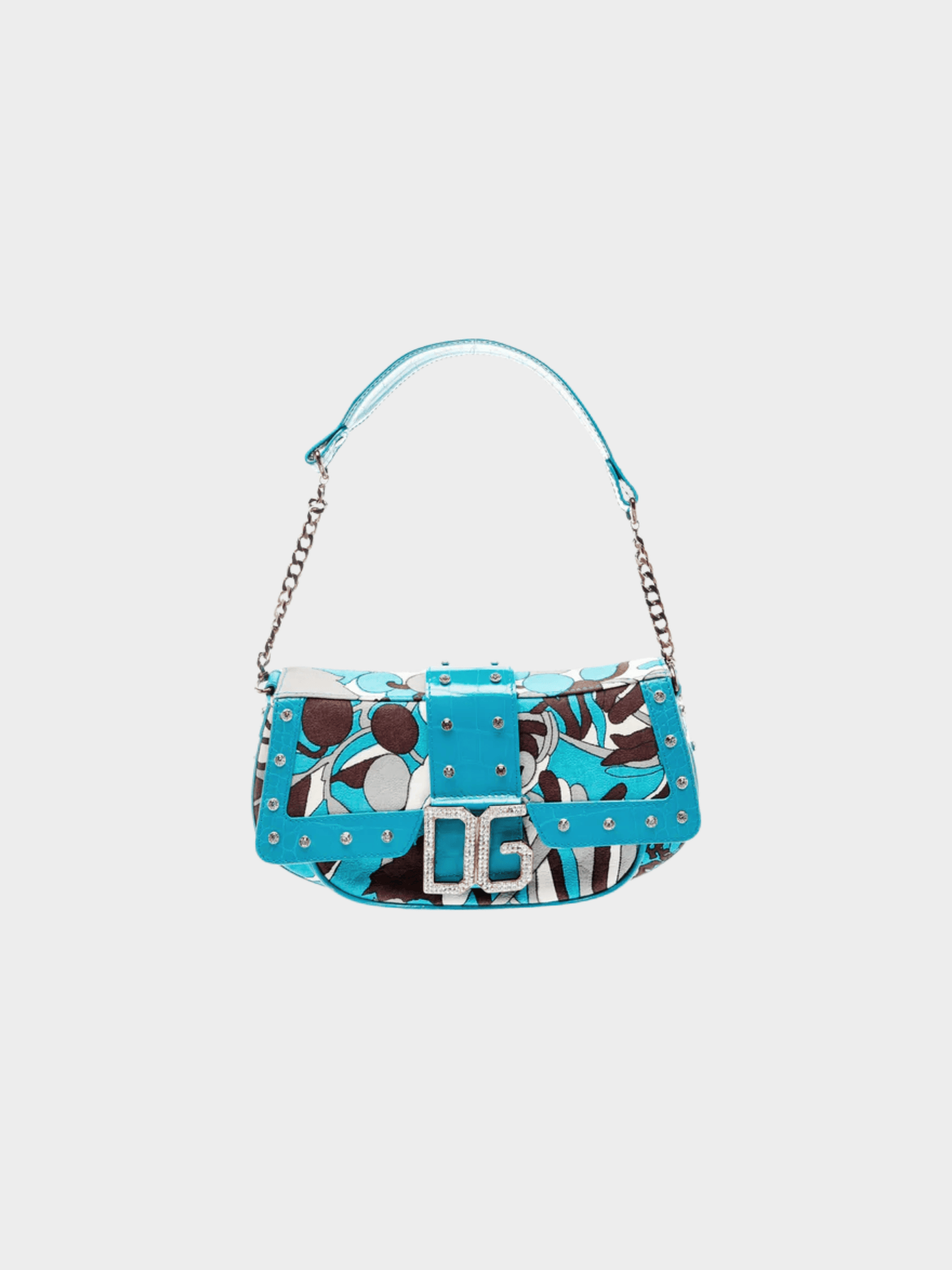 Dolce and Gabbana 2000s Blue Printed Fabric And Croc Embossed Leather DG Flap Baguette