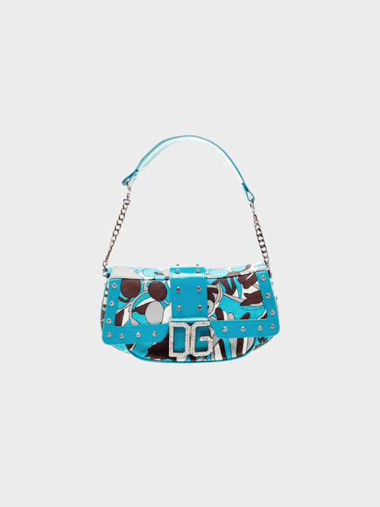 Dolce and Gabbana 2000s Blue Printed Fabric And Croc Embossed Leather DG Flap Baguette