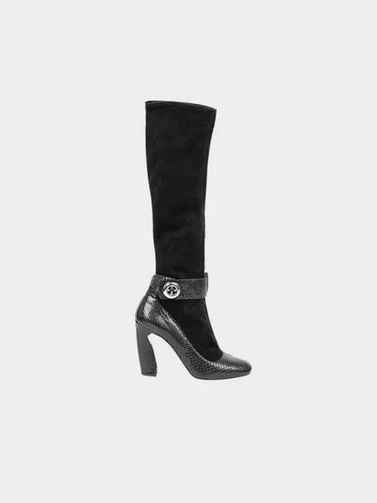 Prada FW 2011 Black Python Leather and Black Fabric Mary Jane Boots