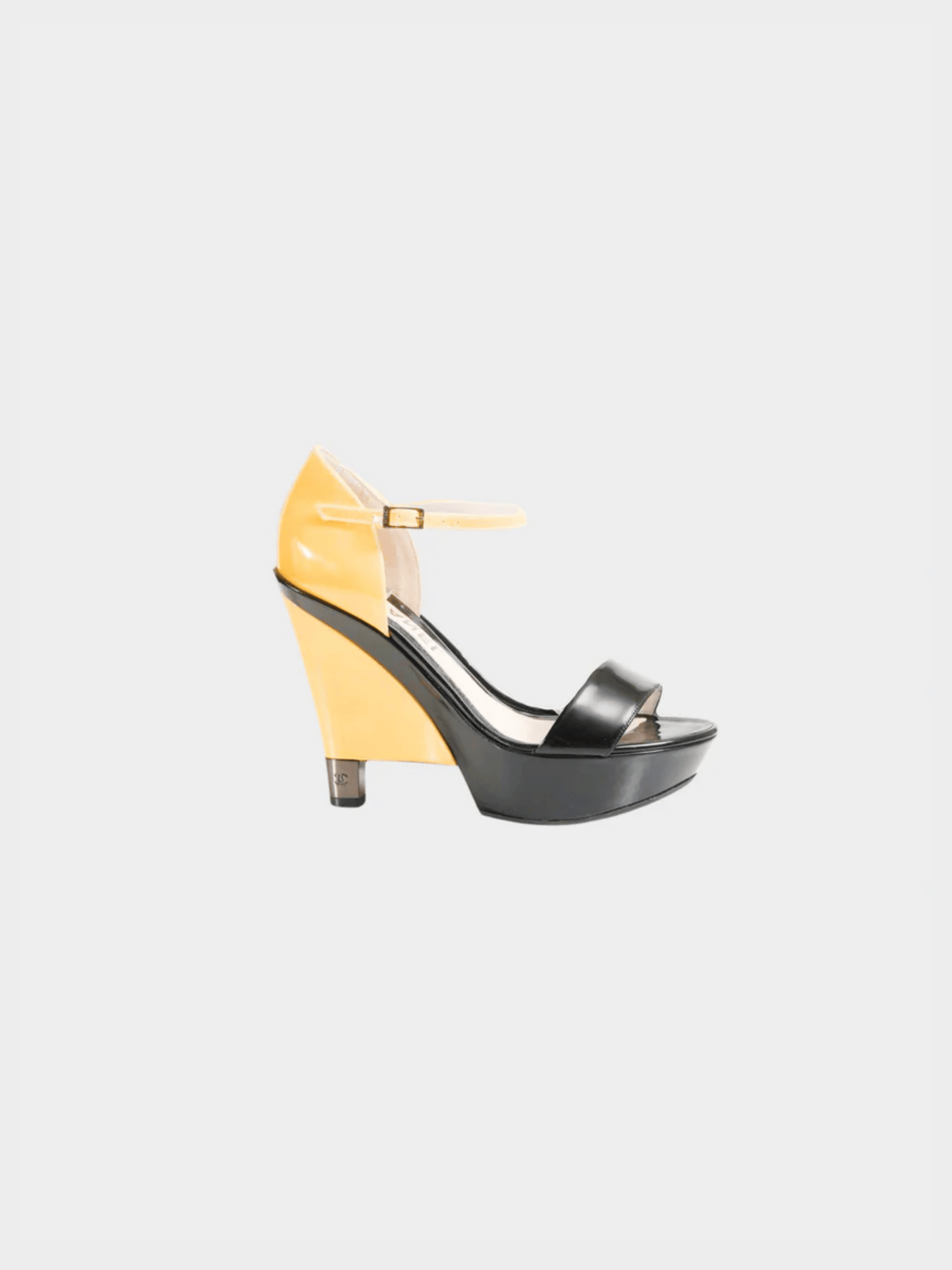 Chanel 2000s Black and Beige Patent Leather Platform Wedges