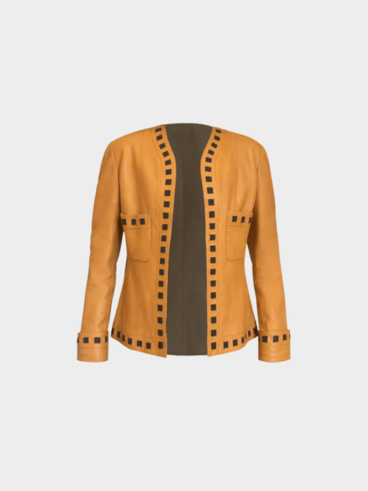 Chanel 2000s Tan Leather Ribbon Detail Open Front Jacket