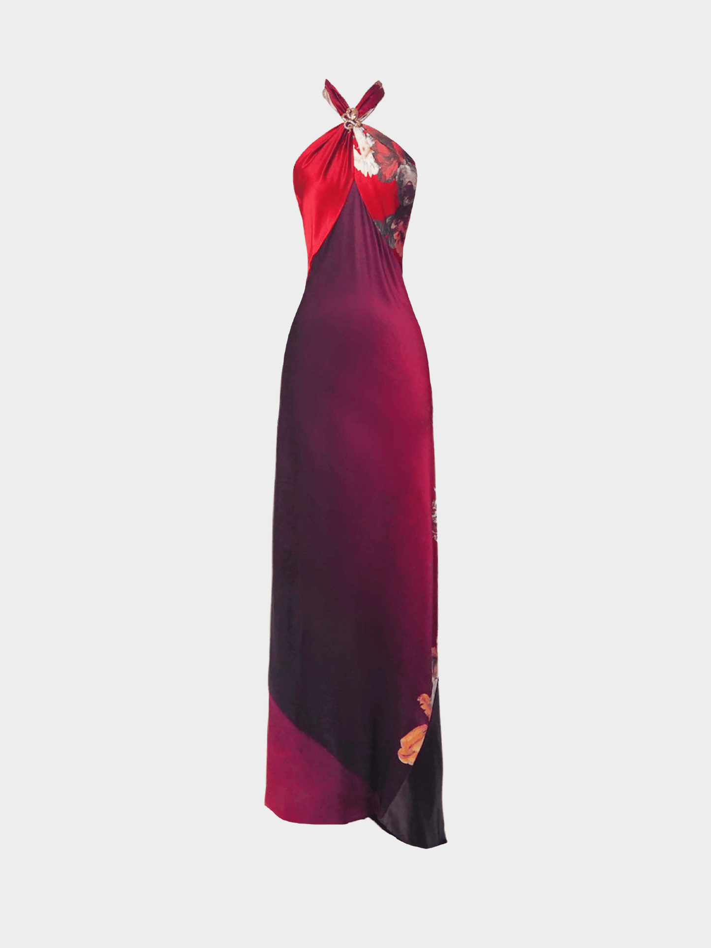Roberto Cavalli 2000s Red Flower Print Silk Halter Dress