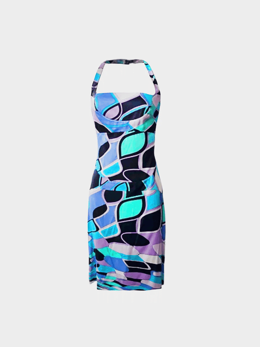 Emilio Pucci 2000s Blue Geometric Print Halter Dress