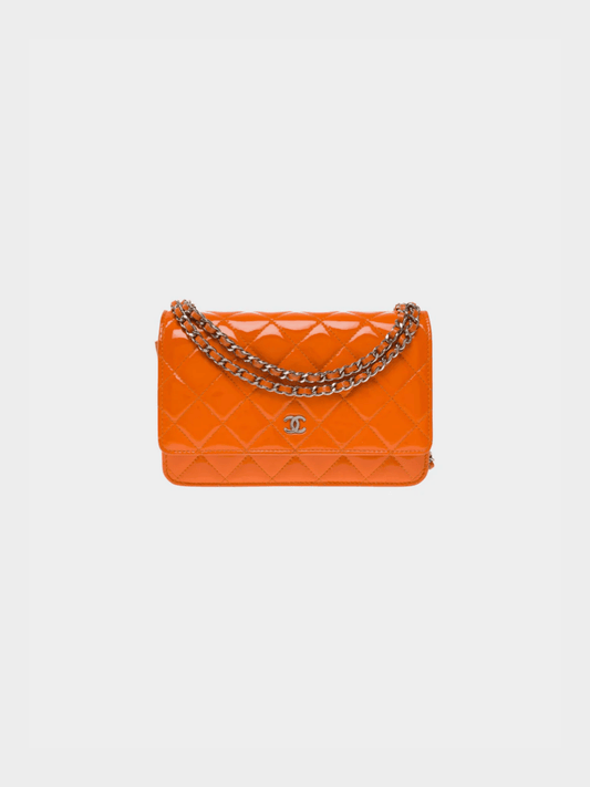 Chanel 2014 Orange Quilted Patent Leather Classic WOC Clutch Bag