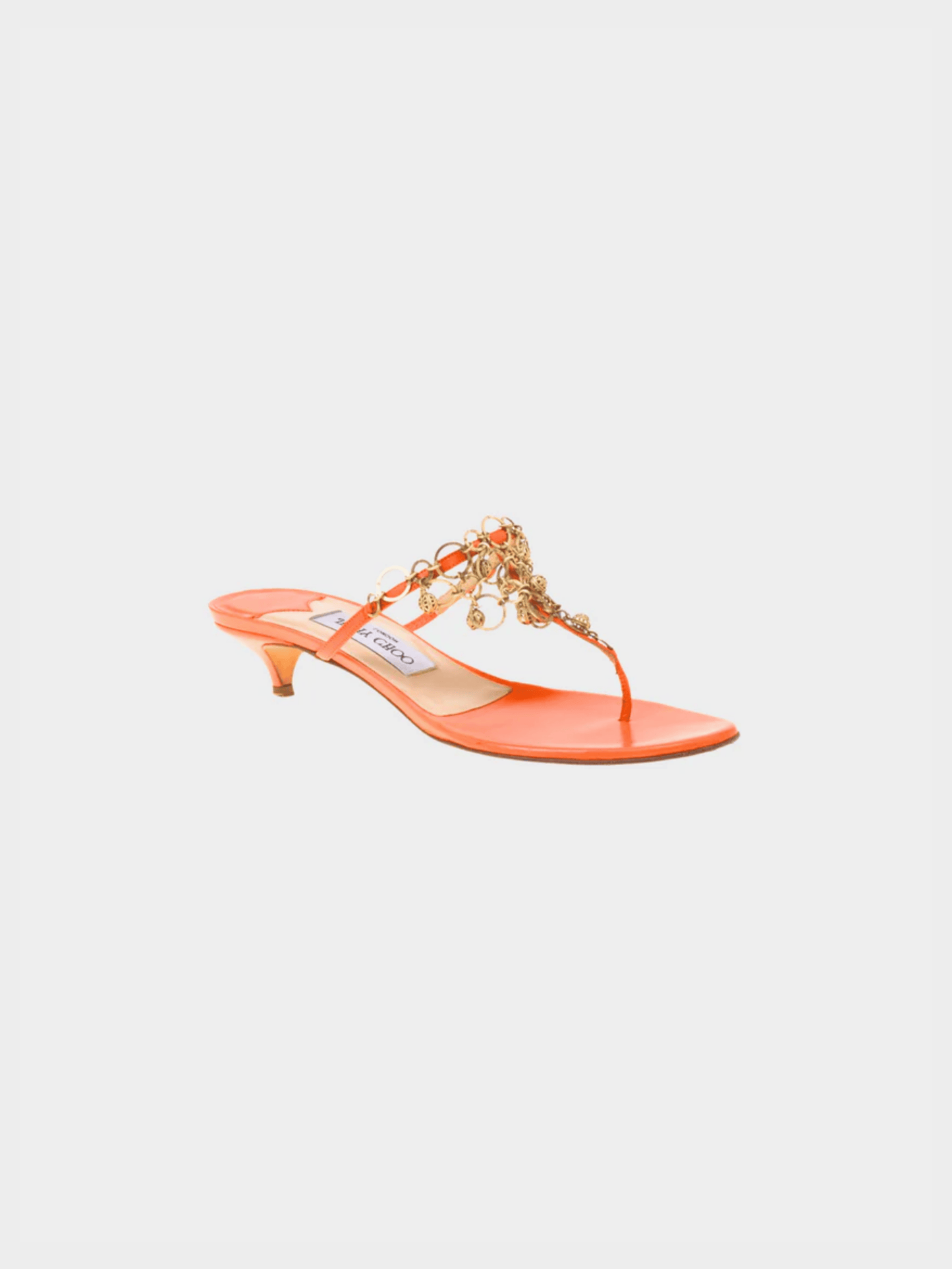 Jimmy Choo 2000s Orange Leather Embellished Kitten Heel Sandals