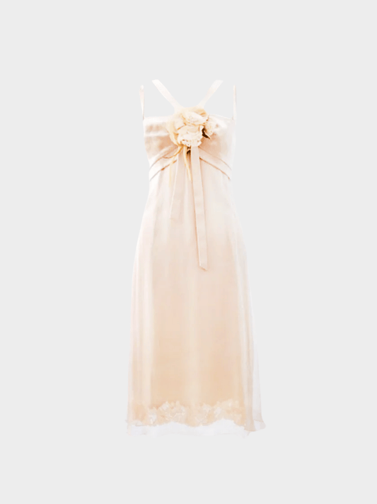 Dolce and Gabbana 2003-2004 Beige Silk Floral Detail Evening Dress