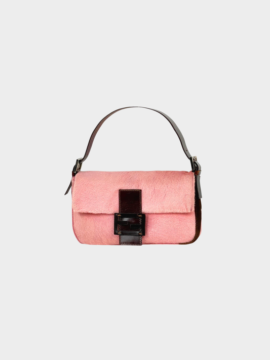 Fendi 2000s Pink and Brown Pony Hair Cow Print Baguette