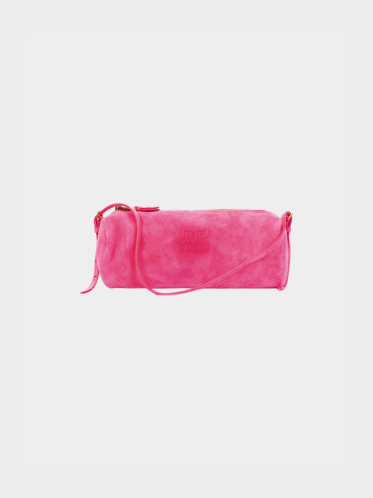 Miu Miu 2025 Pink Suede Logo-Embossed Pochette