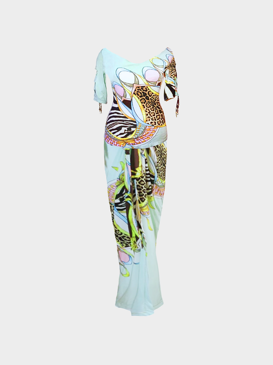 Roberto Cavalli SS 2004 Light Blue Printed Top and Pareo Skirt Set