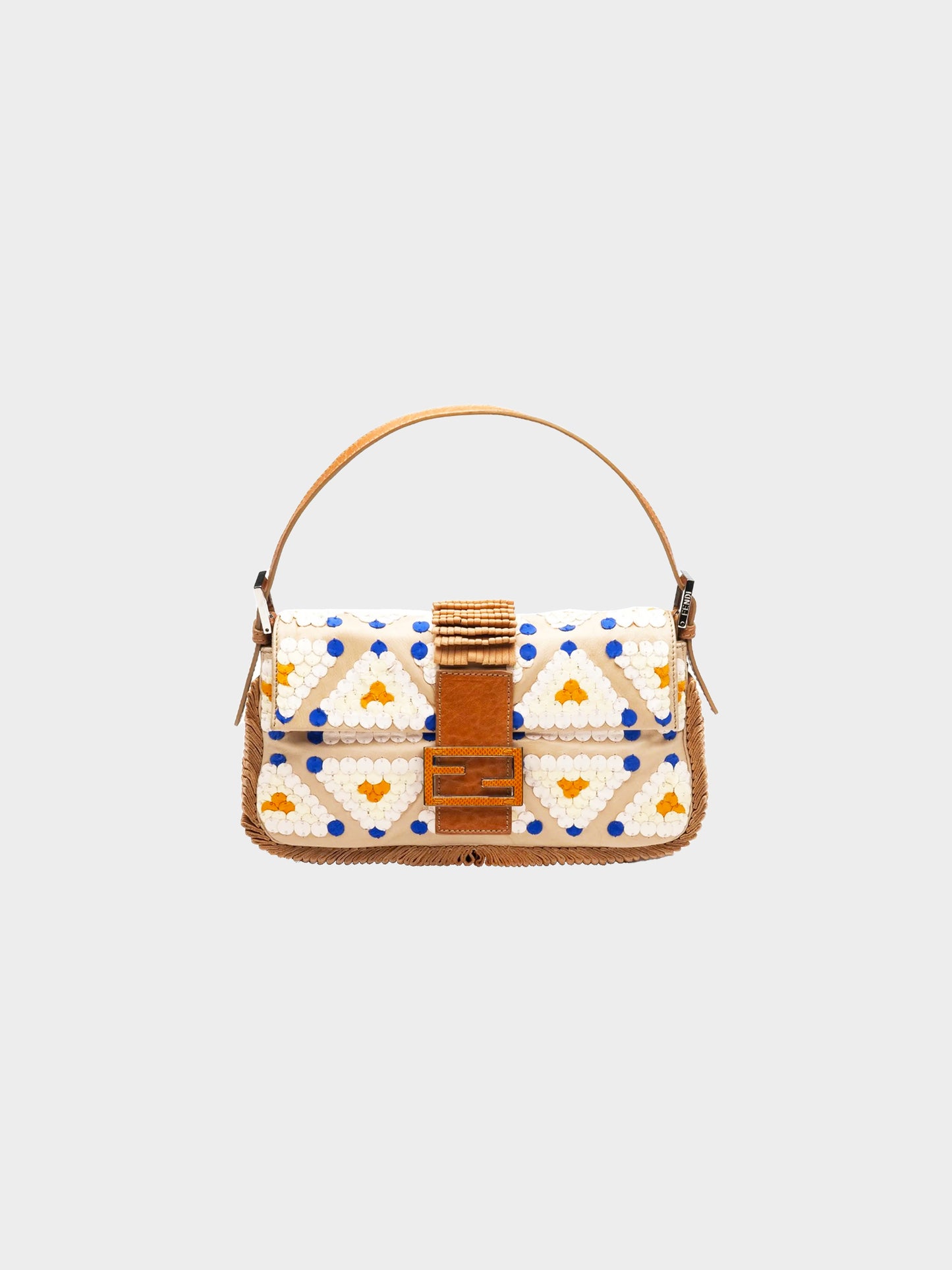 Fendi 2000s Beige Lambskin Leather Triangle Pattern Fringed Baguette