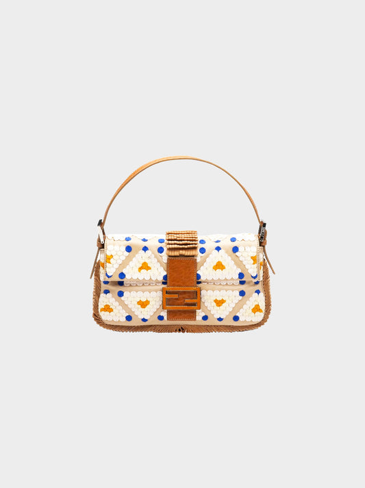 Fendi 2000s Beige Lambskin Leather Triangle Pattern Fringed Baguette