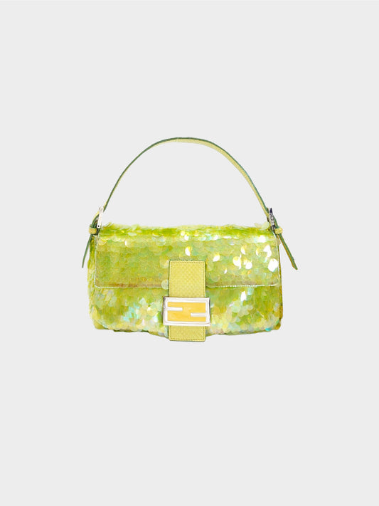 Fendi 2000s Rare Green Python and Aurora Sequin Beaded Baguette