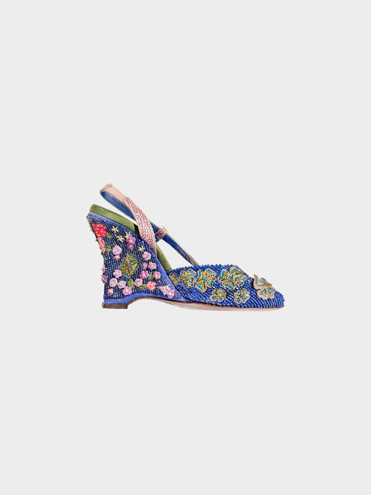 Fendi 2005 Rare Beaded Clover and Floral Motif Peep-toe Wedge Heels