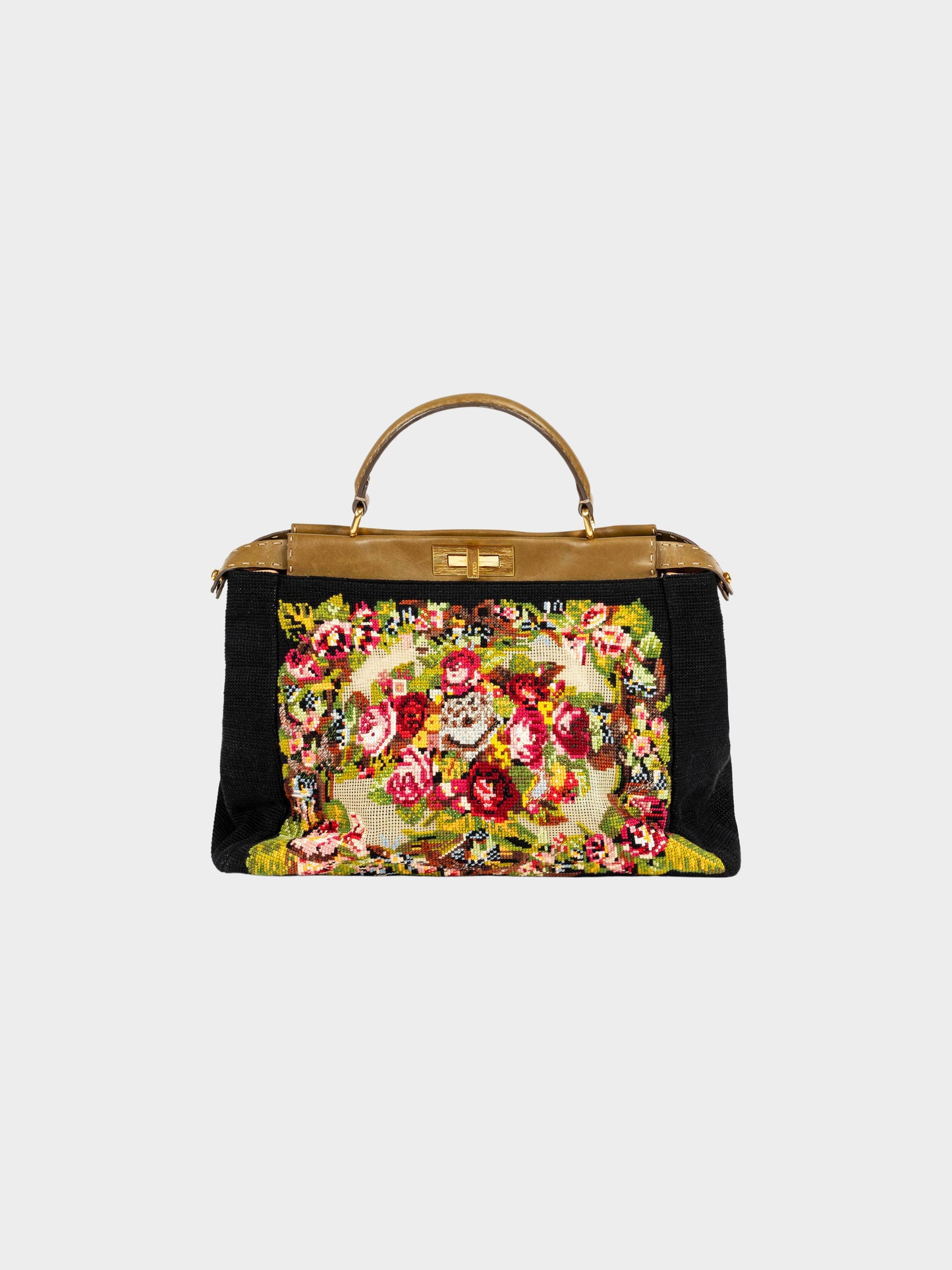 Fendi Early 2010s Black Canvas Multicolored Floral Cross Stitch Peekaboo Bag