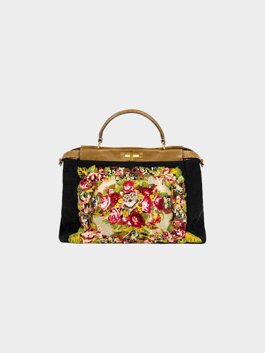 Fendi Early 2010s Black Canvas Multicolored Floral Cross Stitch Peekaboo Bag