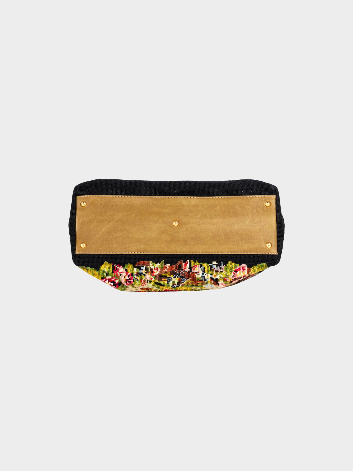 Fendi Early 2010s Black Canvas Multicolored Floral Cross Stitch Peekaboo Bag