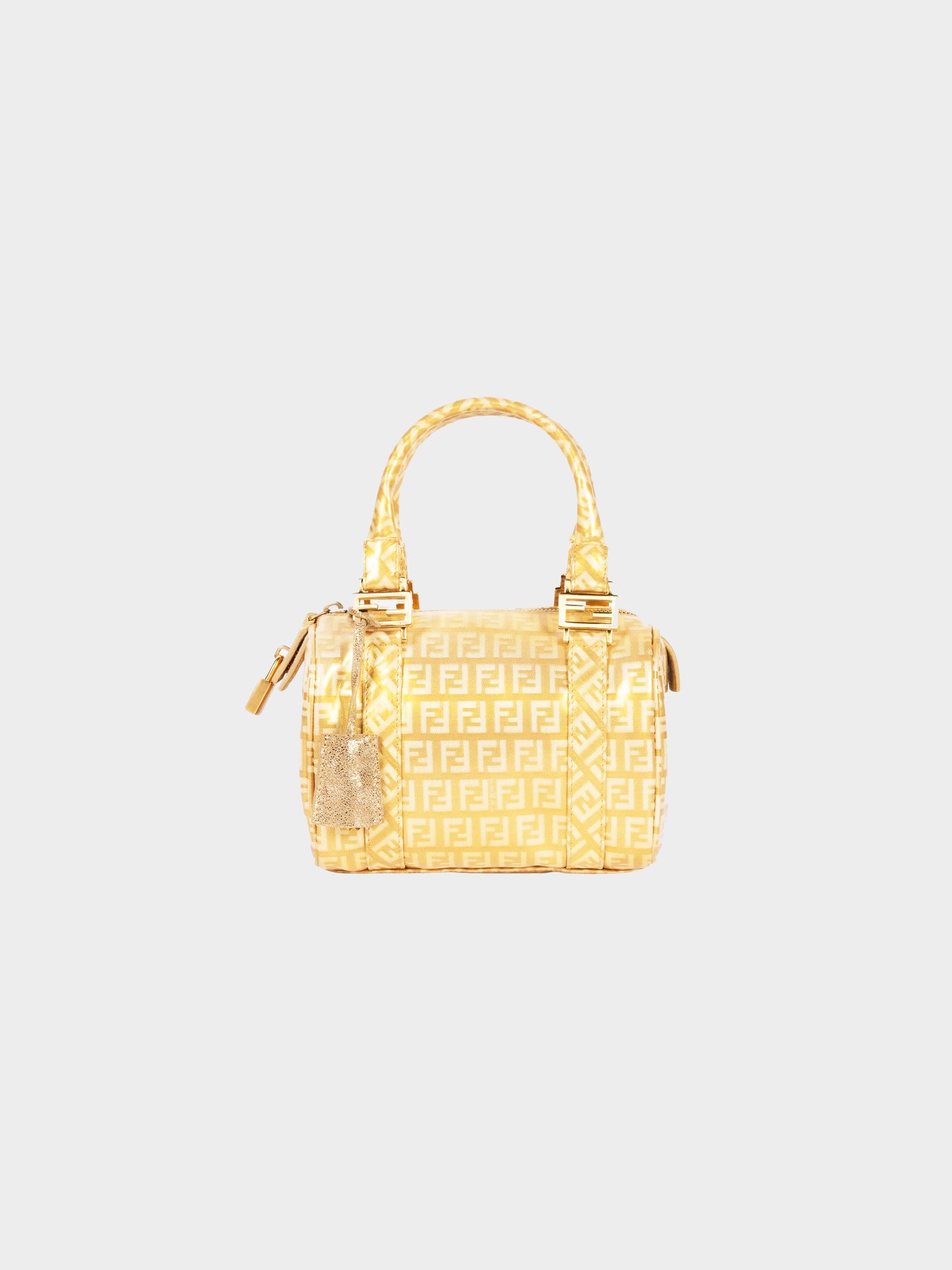 Fendi 2000s Gold and Beige Coated Canvas Zucchino Mini Bauletto Boston Bag