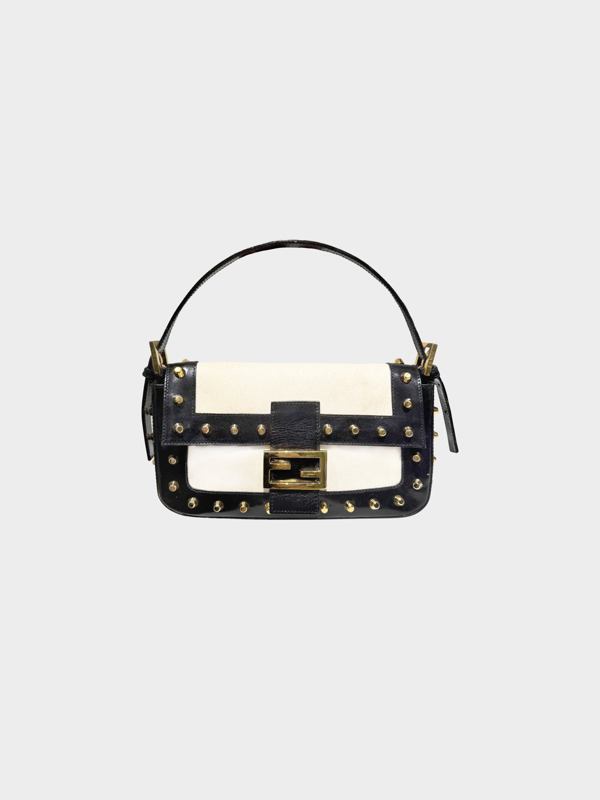 Fendi 2000s Black and White Leather Metal Studded Baguette