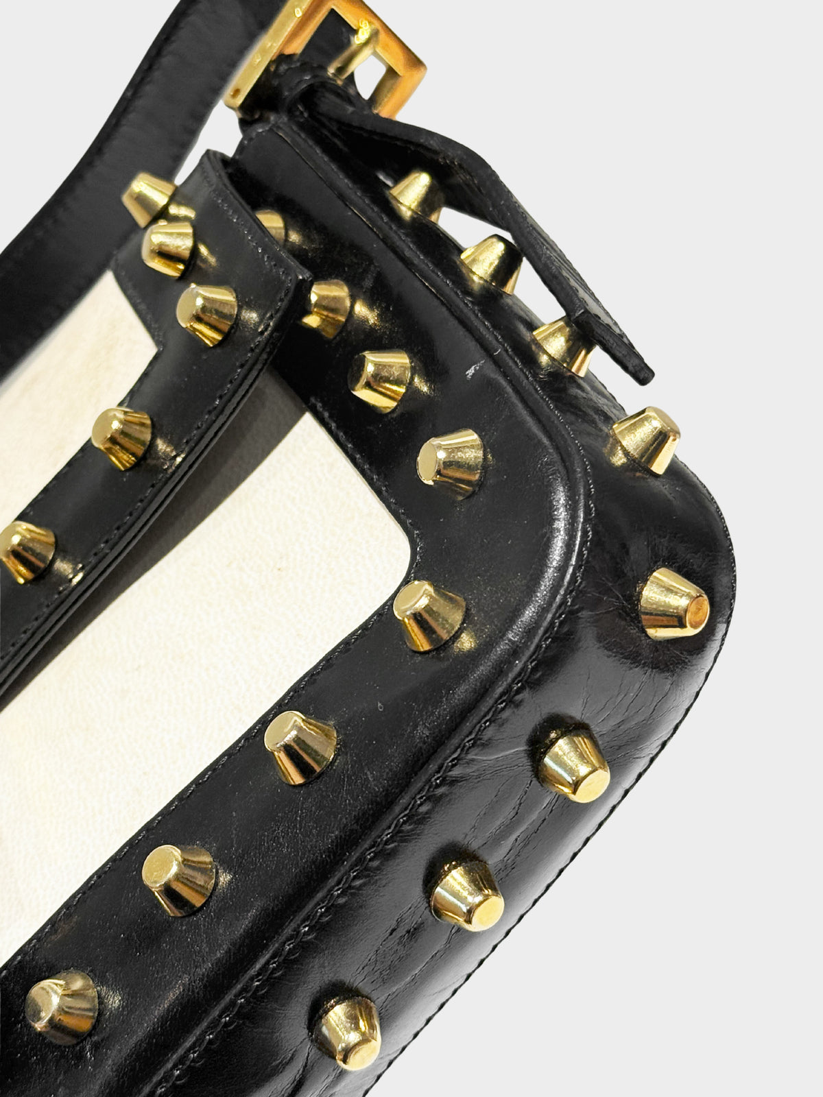 Fendi 2000s Black and White Leather Metal Studded Baguette