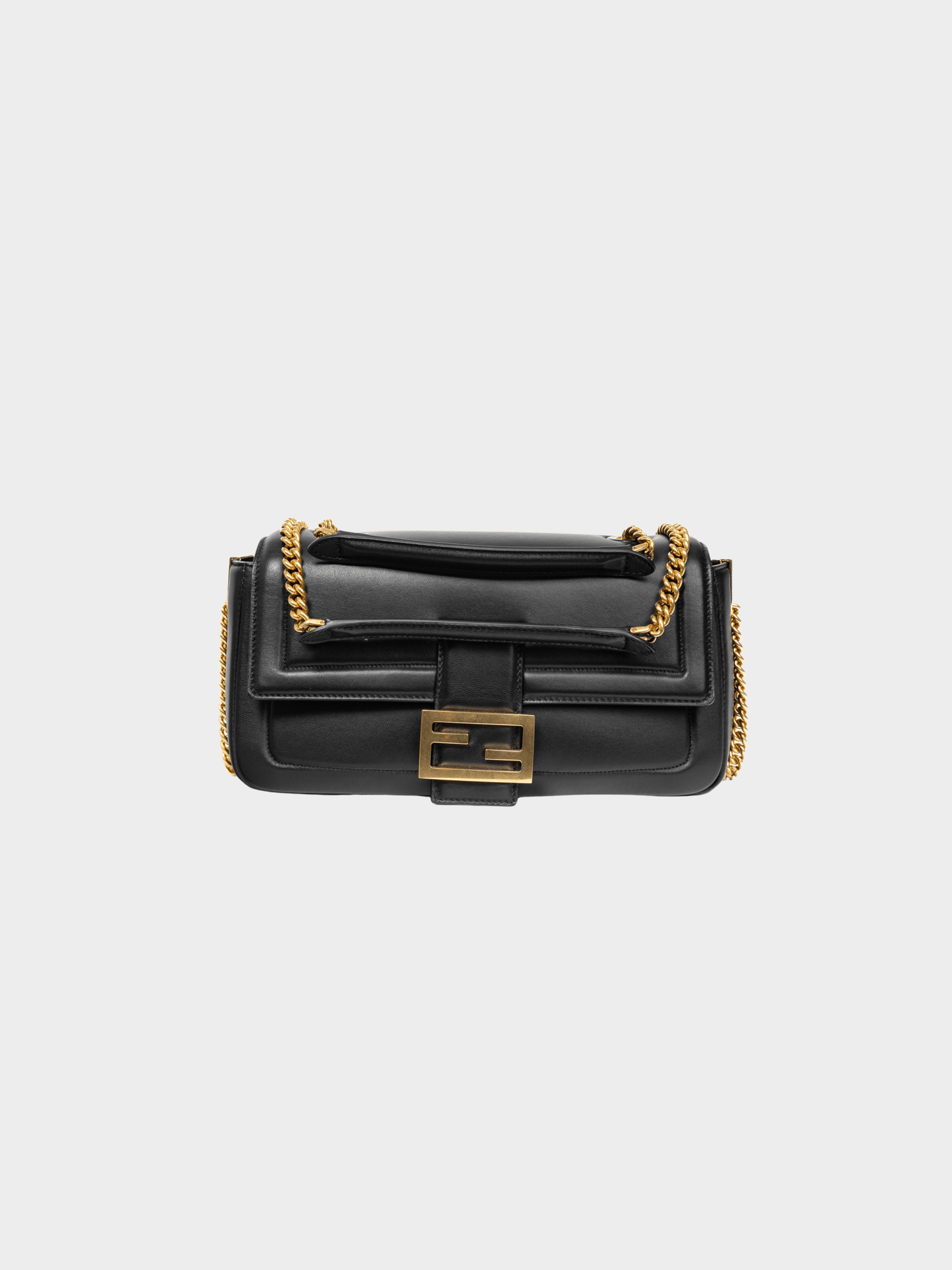 Fendi 2010s Black Baguette Nappa Leather FF Flap Bag