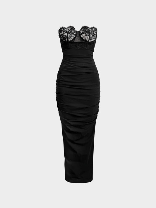 Dolce and Gabbana 2020s Black Viscose Lace-trimmed Bustier Long Dress